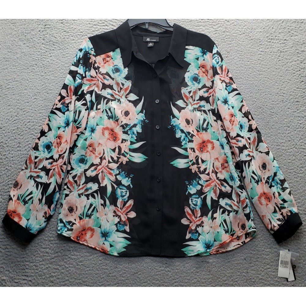 AB Studio Casual Shirt Womens XL Multi Floral Sheer Long Sleeve Collar Button-Up